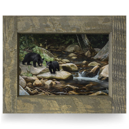 Streamside Black Bear Cubs| Real Wood Framed Wall Art Print