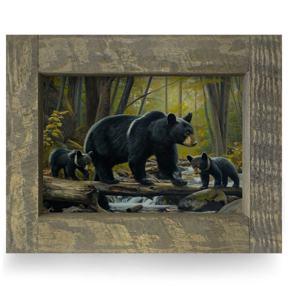 Black Bear Family | Real Wood Framed Wall Art Print