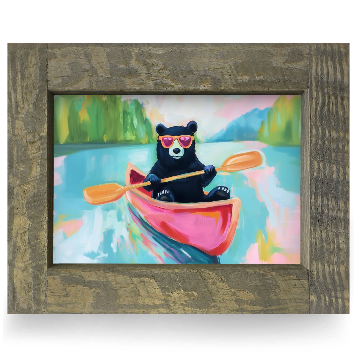 Cool Canoe Black Bear | Real Wood Framed Wall Art Print | Horizontal