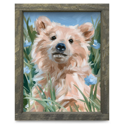 Wildflower Bear Cub | Real Wood Framed Wall Art Print