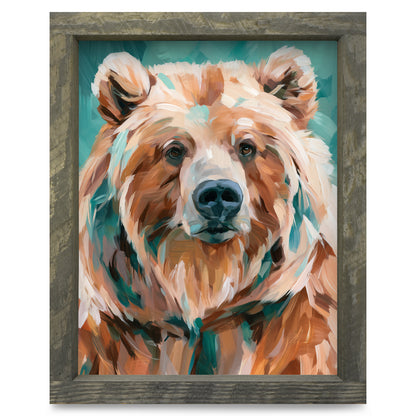 Teal Grizzly Bear Portrait | Real Wood Framed Wall Art Print
