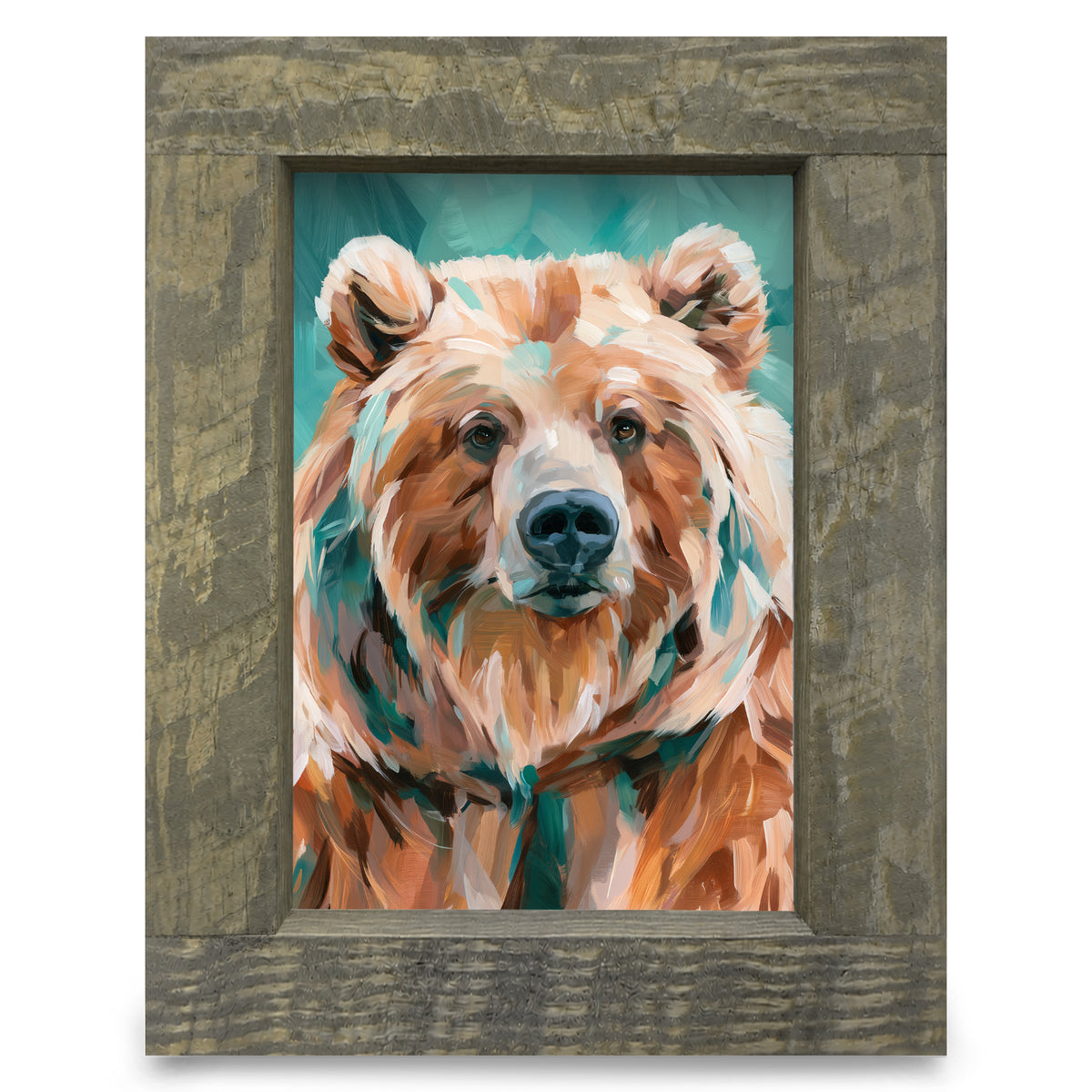 Teal Grizzly Bear Portrait | Real Wood Framed Wall Art Print