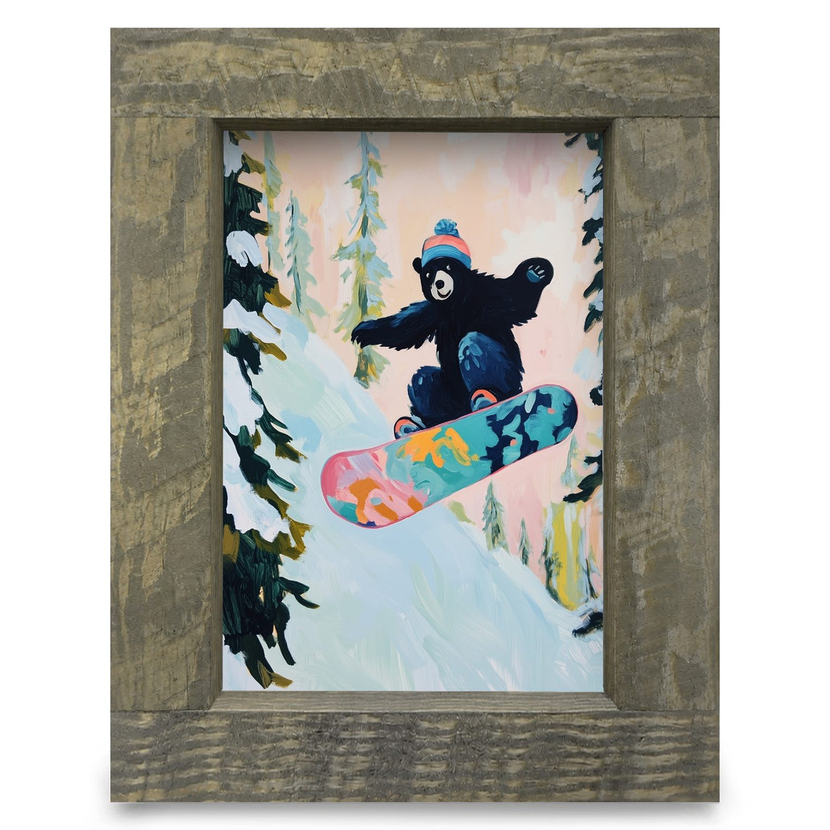 Black Bear Snowboarder | Real Wood Framed Wall Art Print