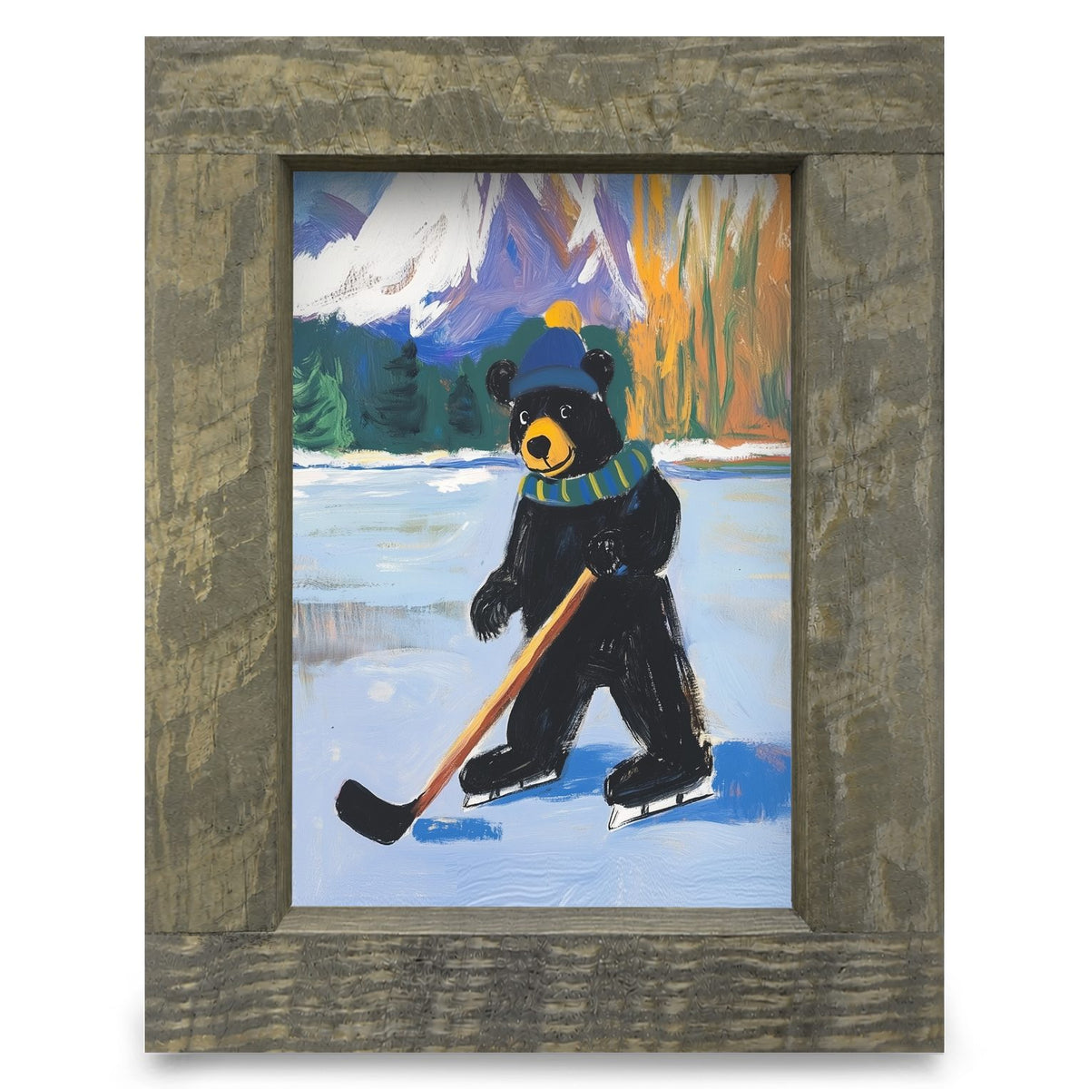Black Bear Hockey Player | Real Wood Framed Wall Art Print