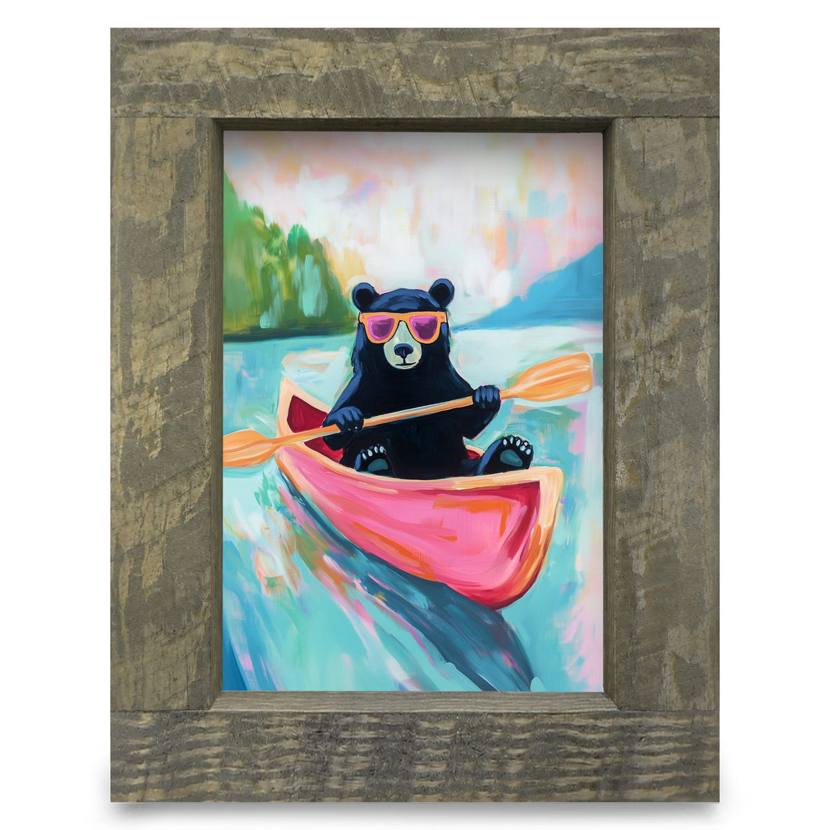Cool Canoe Black Bear | Real Wood Framed Wall Art Print