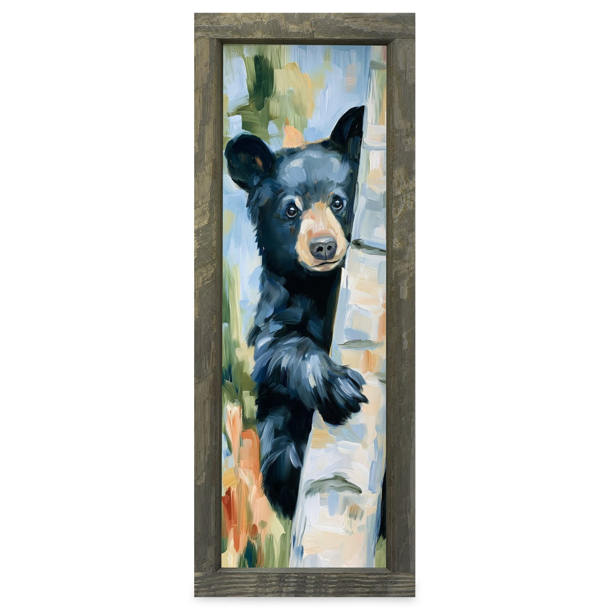 Peeking Birch Bear Cub | Real Wood Framed Wall Art Print | Skinny