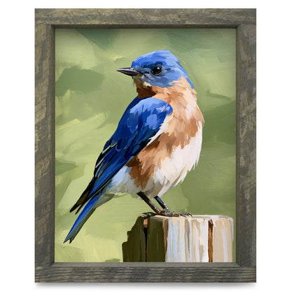 Perched Bluebird real wood framed print, rustic brown frame