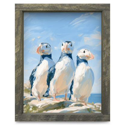 Puffin Trio | Real Wood Framed Wall Art Print