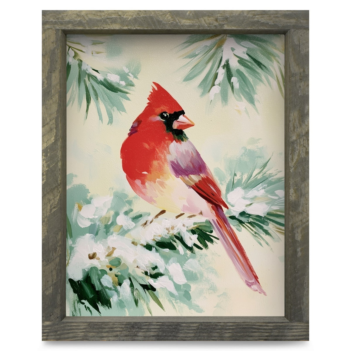 Snowy Pine Cardinal | Real Wood Framed Wall Art Print