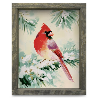 Snowy Pine Cardinal | Real Wood Framed Wall Art Print
