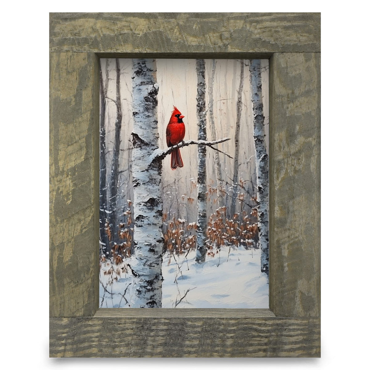 Snowy Cardinal In Birch Tree | Real Wood Framed Wall Art Print