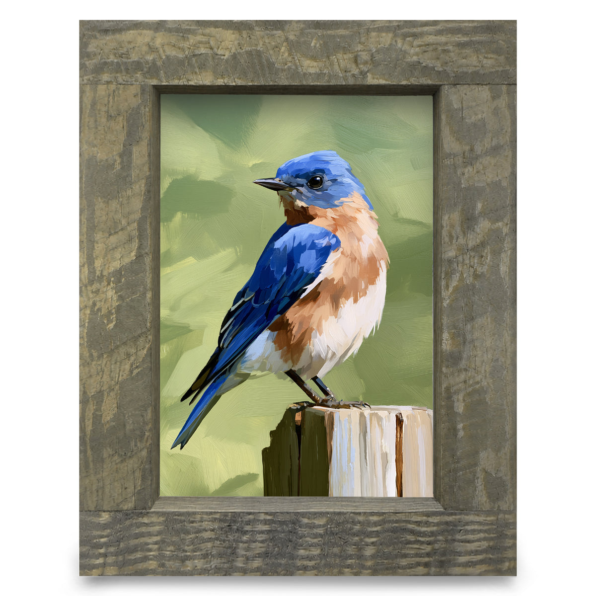 Perched Bluebird real wood framed print, rustic brown frame