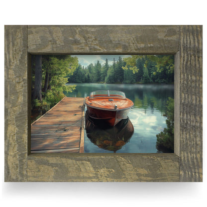 Classic Wooden Boat Docked | Real Wood Framed Wall Art Print