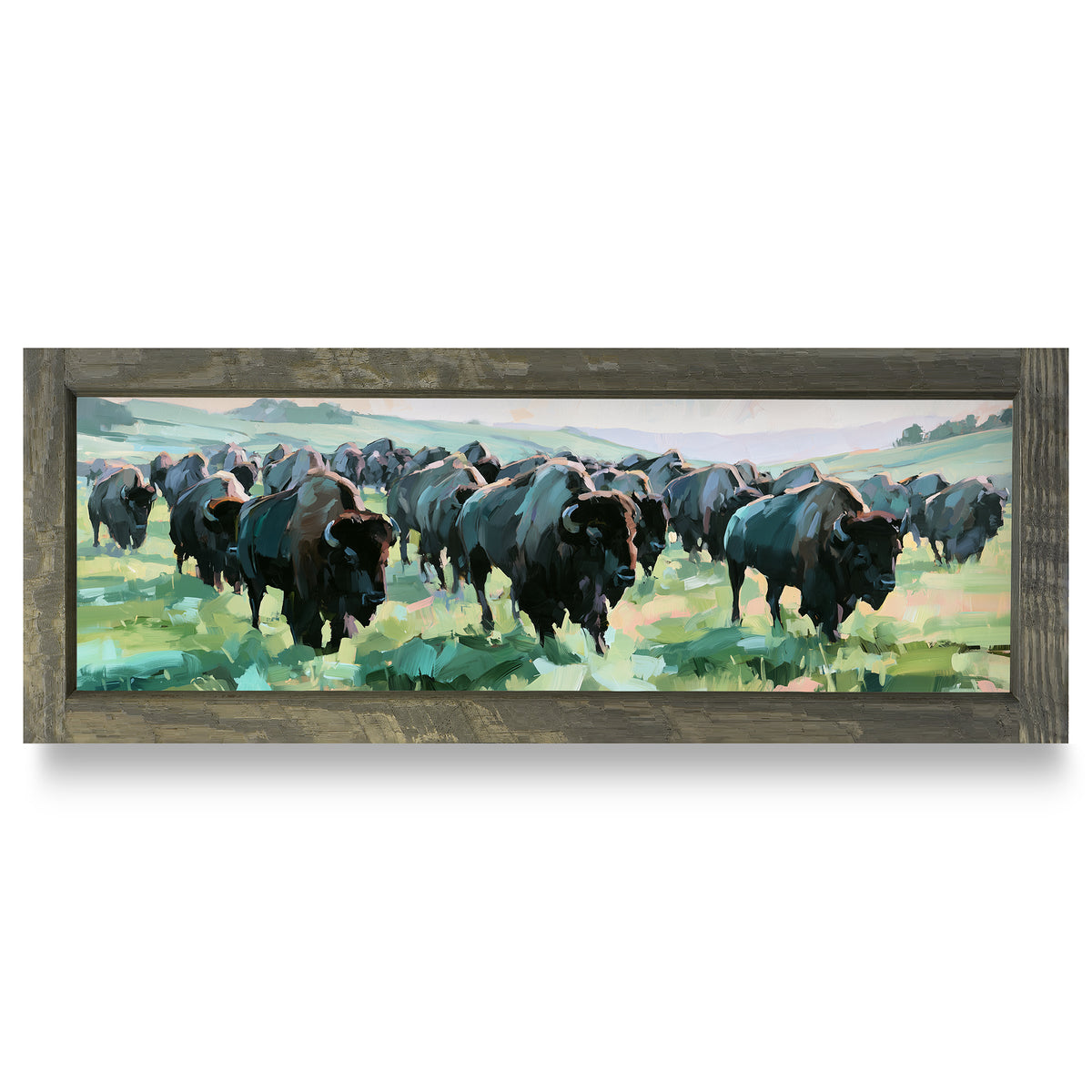 Bison Herd on the Prairie | Real Wood Framed Wall Art Print | Skinny