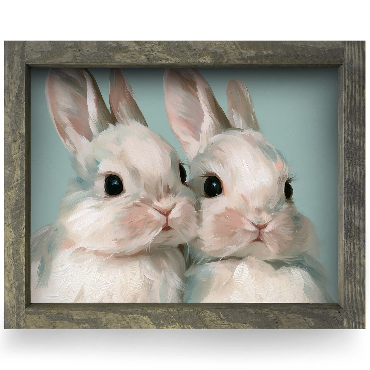 Snuggling Bunny Duo | Real Wood Framed Wall Art Print
