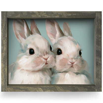 Snuggling Bunny Duo | Real Wood Framed Wall Art Print