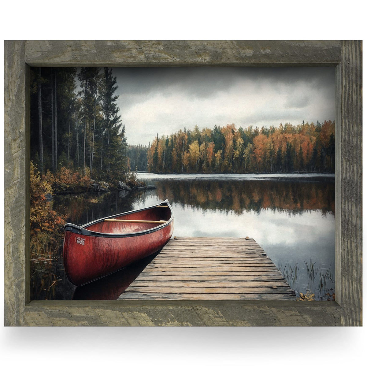 Red Canoe Docked | Real Wood Framed Wall Art Print