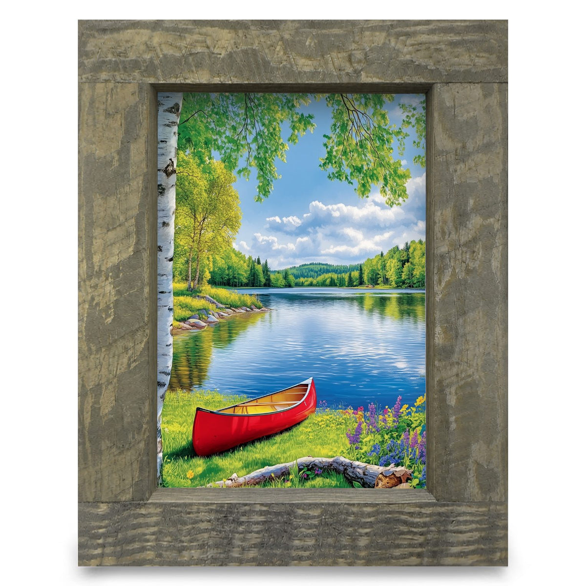 Colorful Lake Canoe Scene | Real Wood Framed Wall Art Print