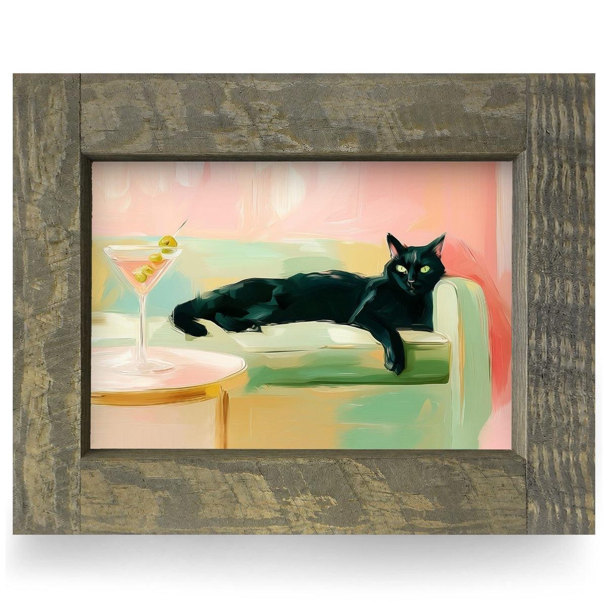 Nine Lives & One Martini | Real Wood Framed Wall Art Print | Horizontal
