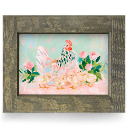 Mama Hen And Chicks real wood framed print, rustic brown frame