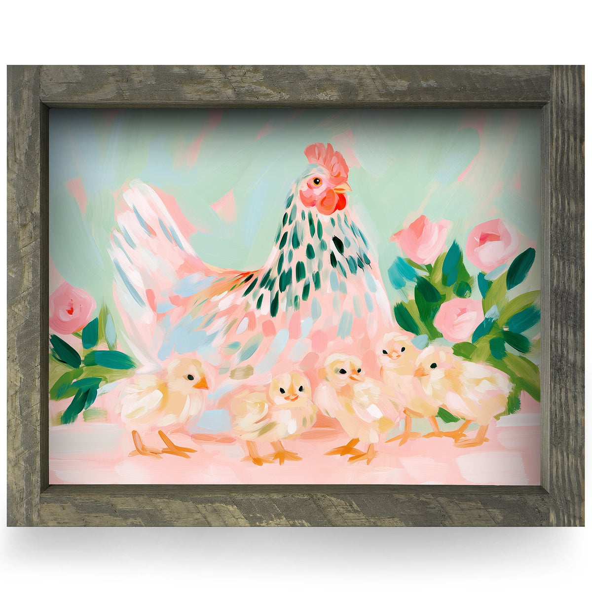 Mama Hen And Chicks real wood framed print, rustic brown frame