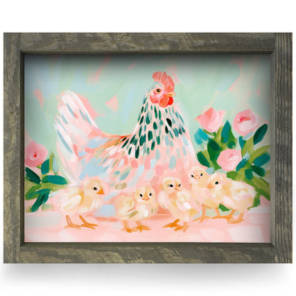 Mama Hen And Chicks real wood framed print, rustic brown frame