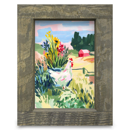 Hen in the Meadow | Real Wood Framed Wall Art Print