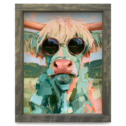 Highland Cow in Sunglasses | Real Wood Framed Wall Art Print