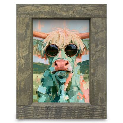 Highland Cow in Sunglasses | Real Wood Framed Wall Art Print