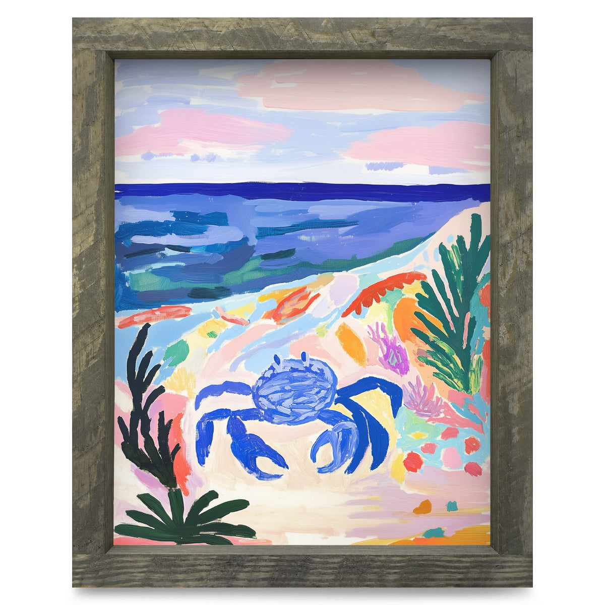Cute Blue Crab  | Real Wood Framed Wall Art Print