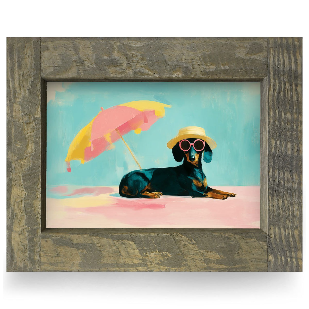 Sunbathing Dachshund | Real Wood Framed Wall Art Print | Horizontal