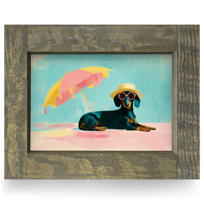 Sunbathing Dachshund | Real Wood Framed Wall Art Print | Horizontal