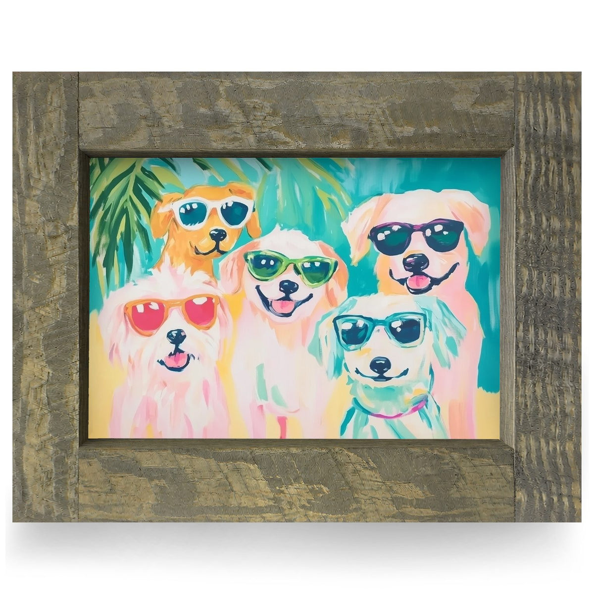 Sunny Dog Squad | Real Wood Framed Wall Art Print | Horizontal