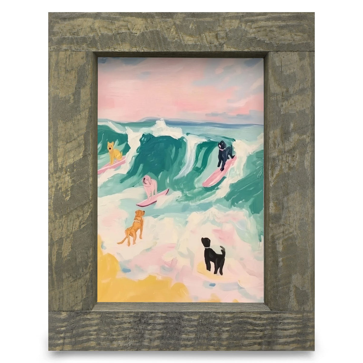 Surfing Dogs | Real Wood Framed Wall Art Print