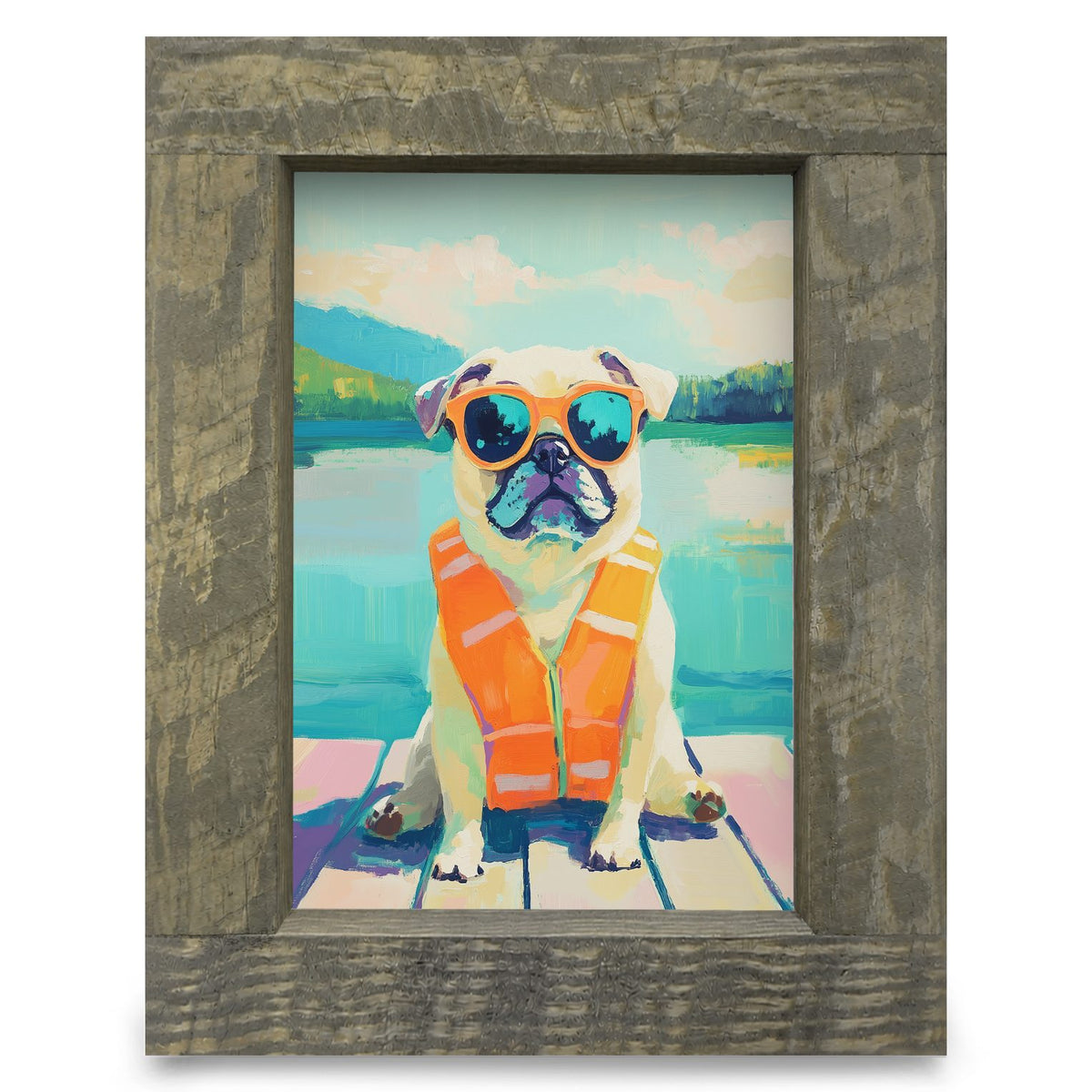 Cool Lake Pug | Real Wood Framed Wall Art Print