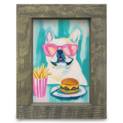 French Bulldog Burger | Real Wood Framed Wall Art Print