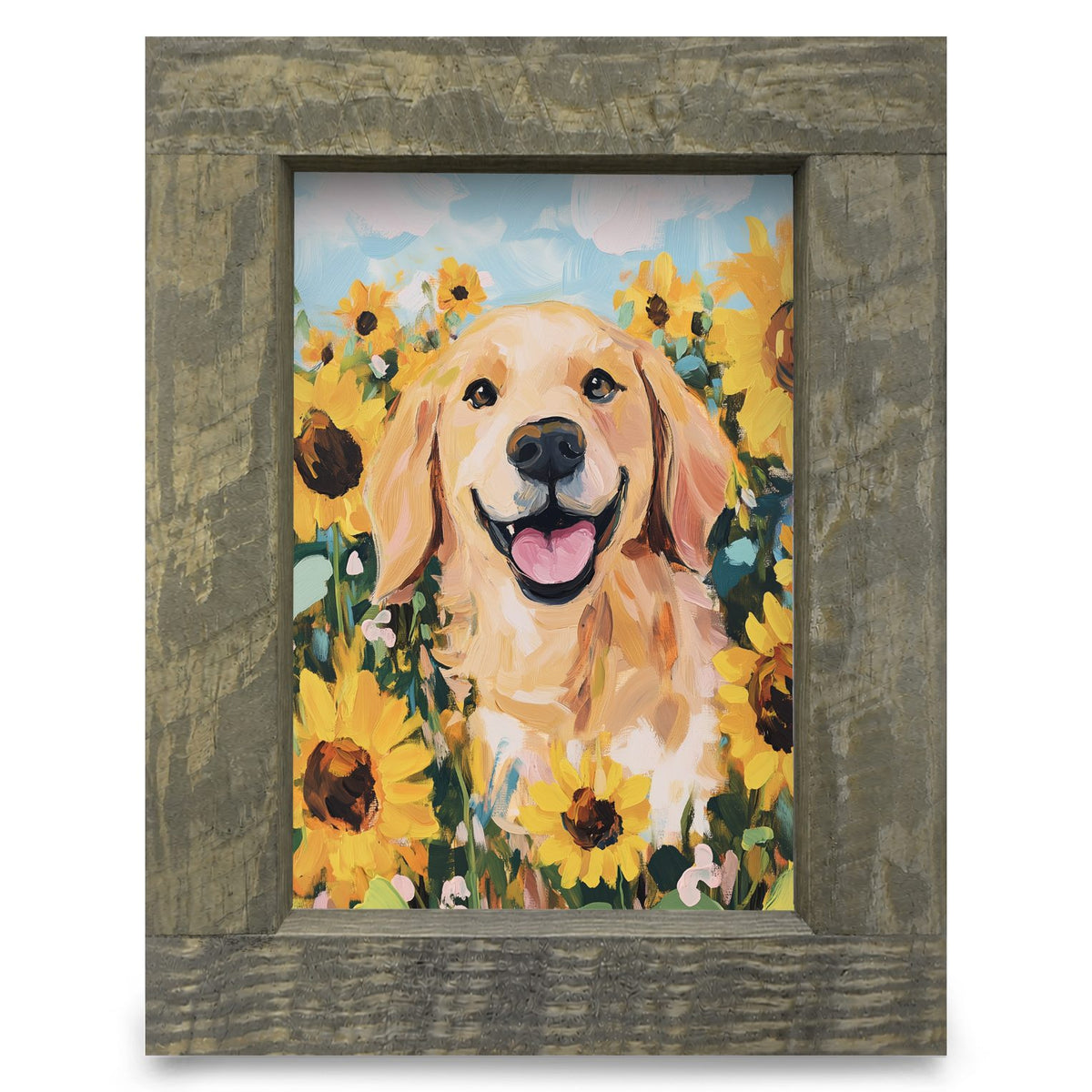 Golden Retriever Sunflowers | Real Wood Framed Wall Art Print