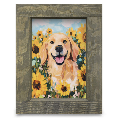 Golden Retriever Sunflowers | Real Wood Framed Wall Art Print