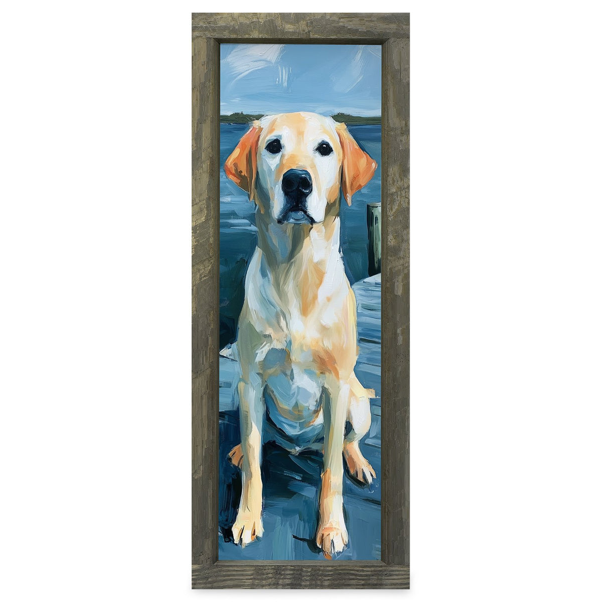 Yellow Lab At The Dock | Real Wood Framed Wall Art Print | Skinny