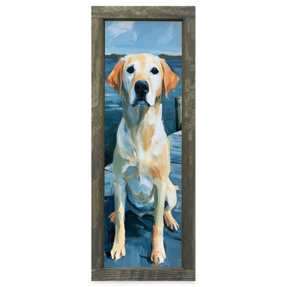 Yellow Lab At The Dock | Real Wood Framed Wall Art Print | Skinny
