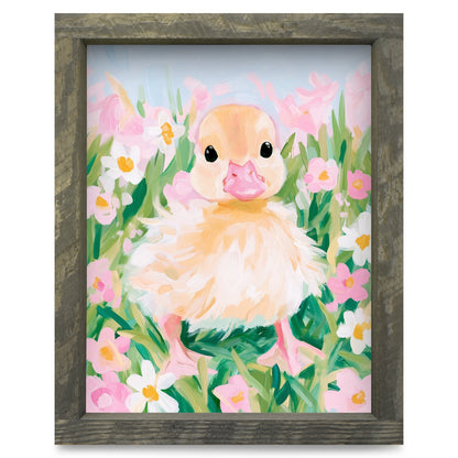 Duckling in the Daisies | Real Wood Framed Wall Art Print