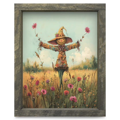 Cute Scarecrow With Flowers | Real Wood Framed Wall Art Print