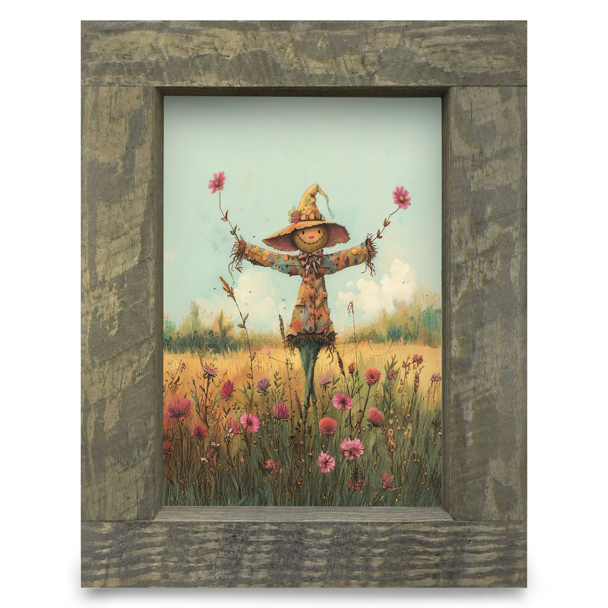 Cute Scarecrow With Flowers | Real Wood Framed Wall Art Print