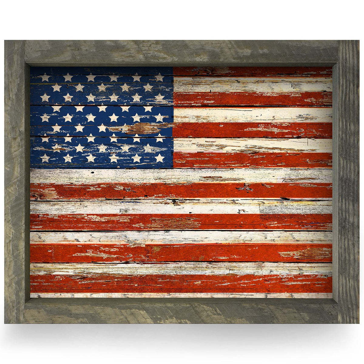 Rustic American Flag | Real Wood Framed Wall Art Print | Horizontal