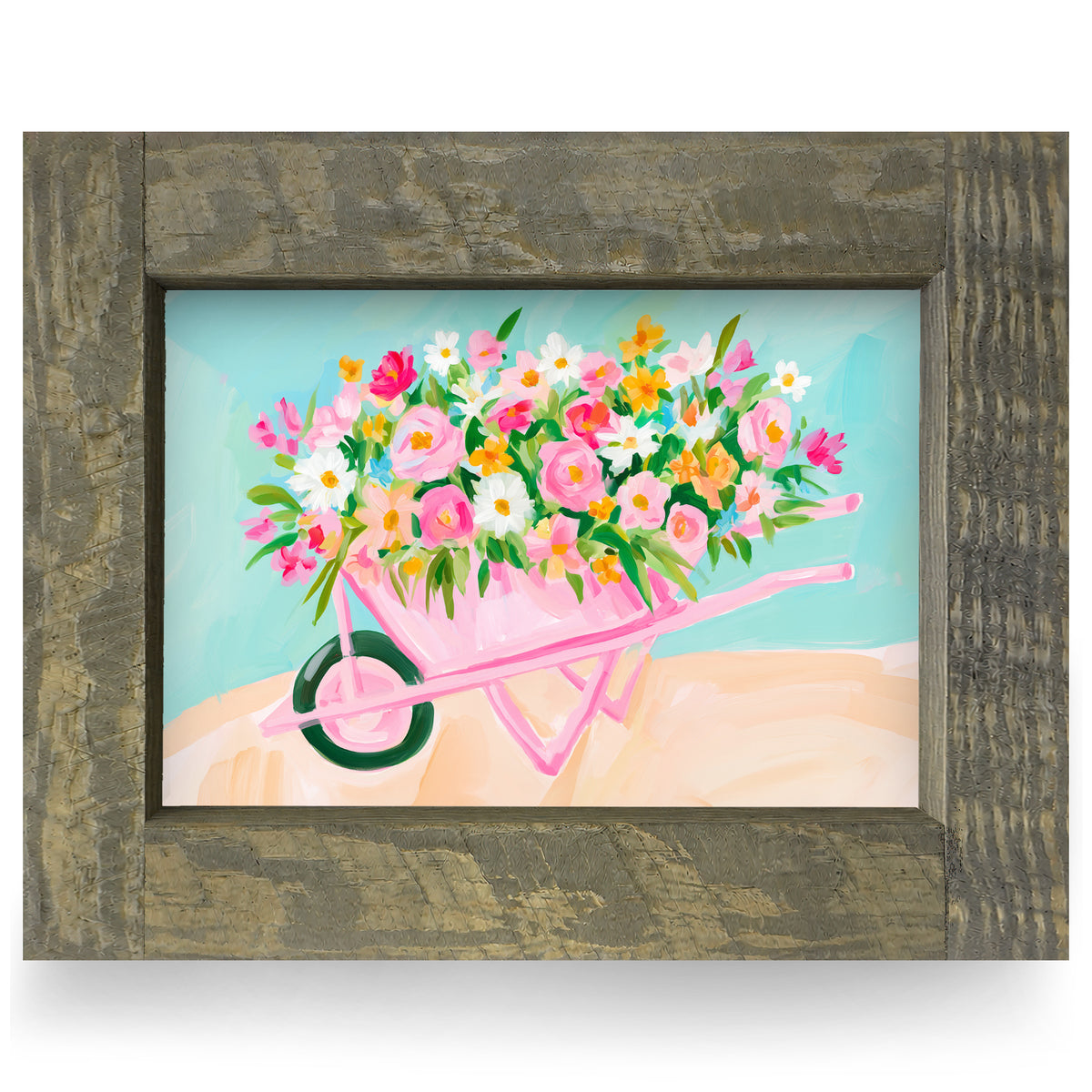 Pink Flower Wheelbarrow real wood framed print, rustic brown frame