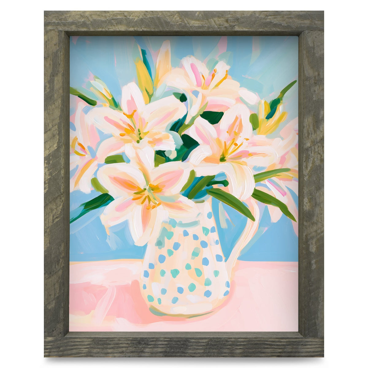 Lilies in a Polka Dot Pitcher | Real Wood Framed Wall Art Print