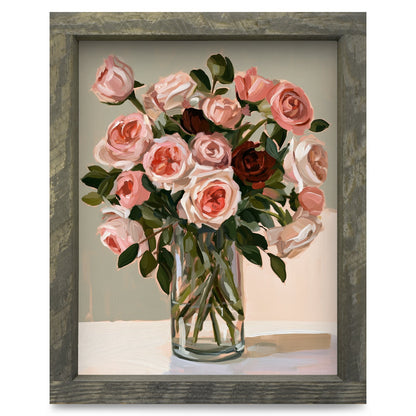 Pink Roses in a Vase | Real Wood Framed Wall Art Print