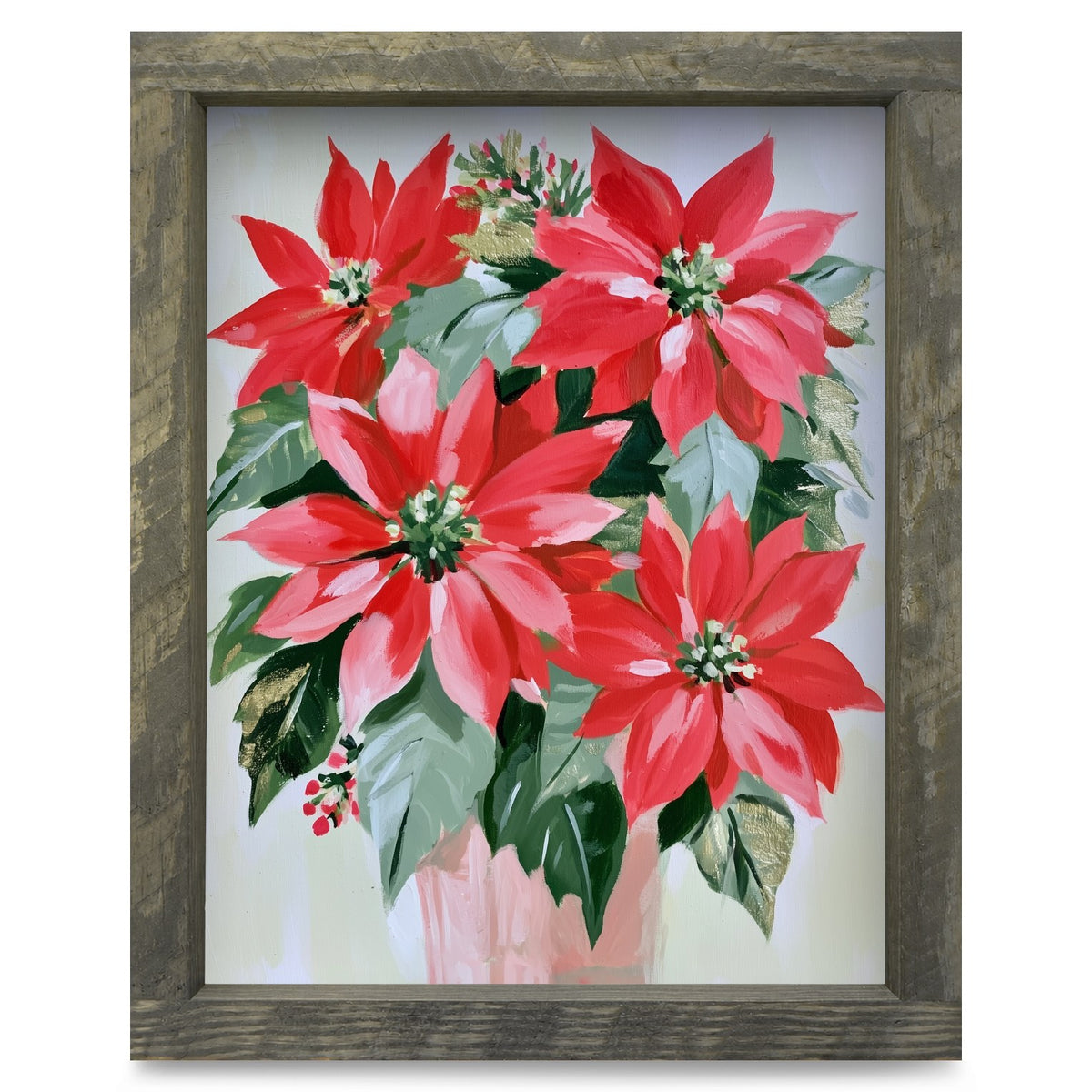Red Poinsettia Bouquet | Real Wood Framed Wall Art Print