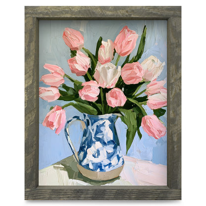 Pink Tulips in Blue Pitcher | Real Wood Framed Wall Art Print