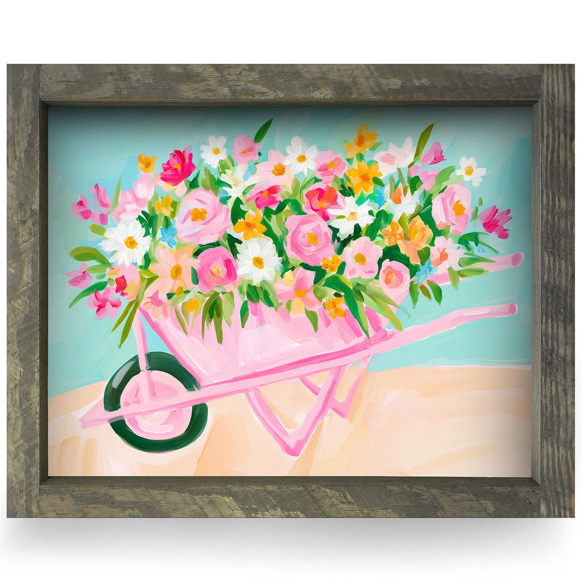 Pink Flower Wheelbarrow real wood framed print, rustic brown frame